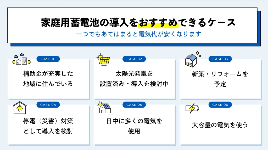 家庭用蓄電池の導入をおすすめできるケース