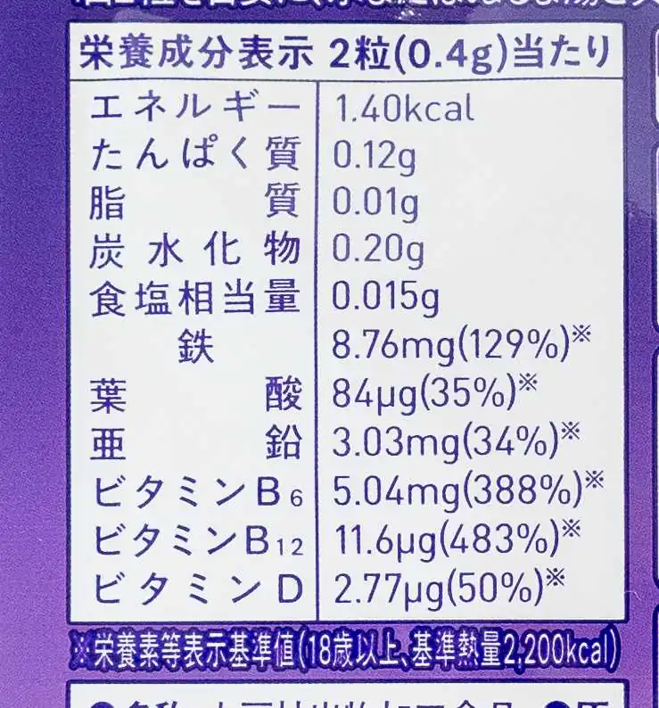  ビタブリッドジャパン やさしいフェリチン鉄栄養成分表示
