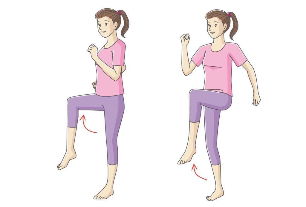 太ももや体幹の筋肉を全体的に刺激するその場足踏み運動